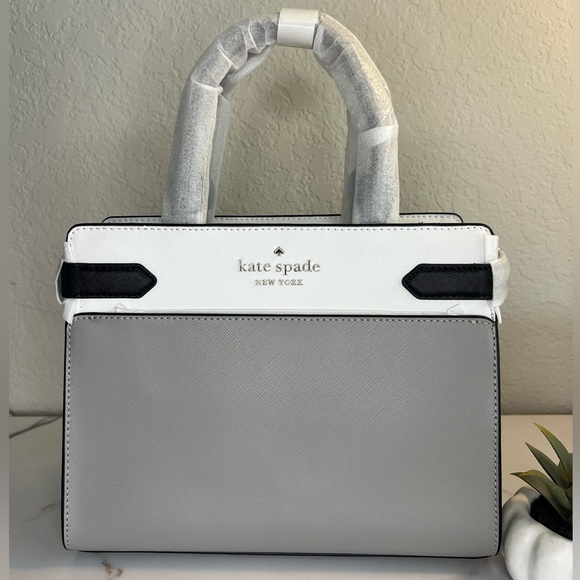 NWT ♠️ Kate Spade Medium Staci Satchel Colorblock Nimbus Grey with Pom - Picture 2 of 11